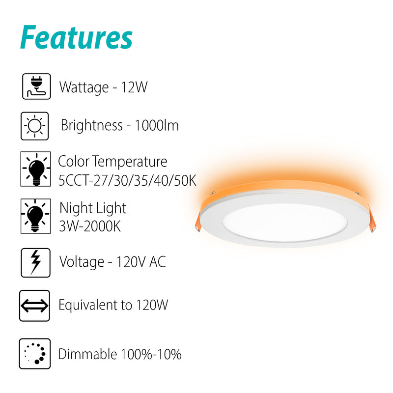 3BRIX 6 Inch 12W Slim Round Ultra-Thin Recessed Downlight with Night Light- 5CCT (27/30/35/40/50K)- 1000 lumens