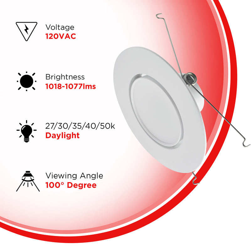 6" 16W Gimbal Retrofit Recessed Downlight - Eyeball Adjustable Spotlight - 5CCT - 1200 lumens