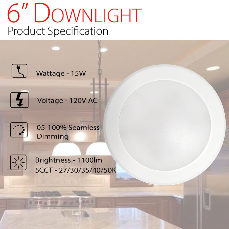 1100 Lumens 15W - 6" LED Flush Mount Disk Downlight - Color Selectable 5CCT(27/30/35/40/50K)