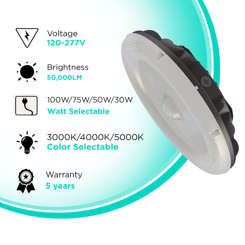 Round LED Parking Garage Canopy Light - Selectable Wattage & 3CCT - 100W/75W/50W/30W - 3000K/4000K/5000K - White & Bronze Finish