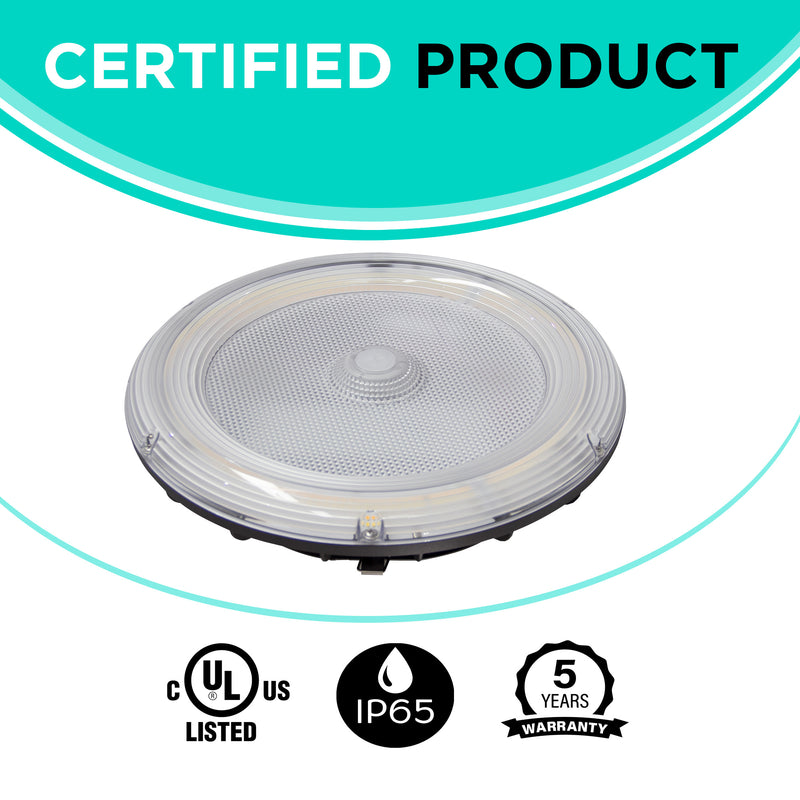 Round LED Parking Garage Canopy Light - Selectable Wattage & 3CCT - 100W/75W/50W/30W - 3000K/4000K/5000K - White & Bronze Finish