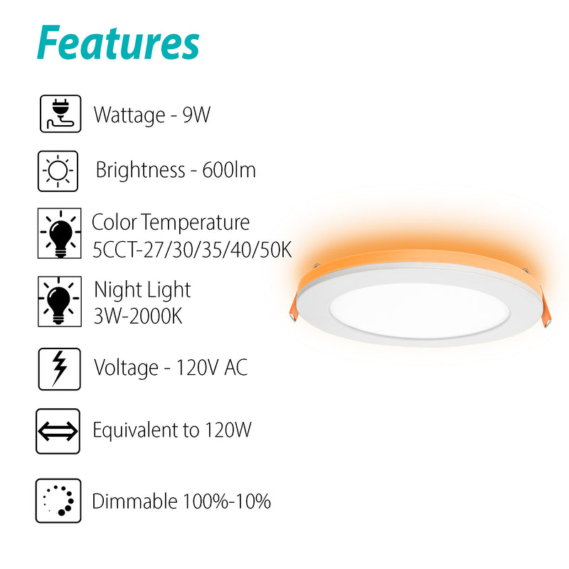 3BRIX 4 Inch 9W Slim Round Ultra-Thin Recessed Downlight with Night Light- 5CCT (27/30/35/40/50K)- 600 lumens