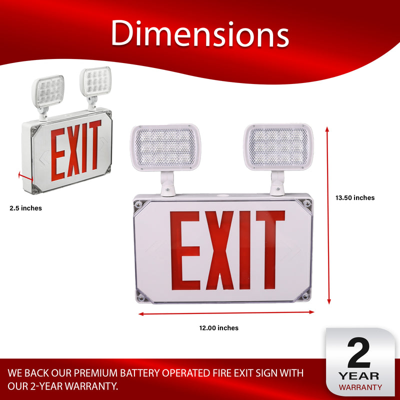 Wet Location LED Emergency Exit Sign Outdoor - Battery Backup with Adjustable Heads - Red Letters