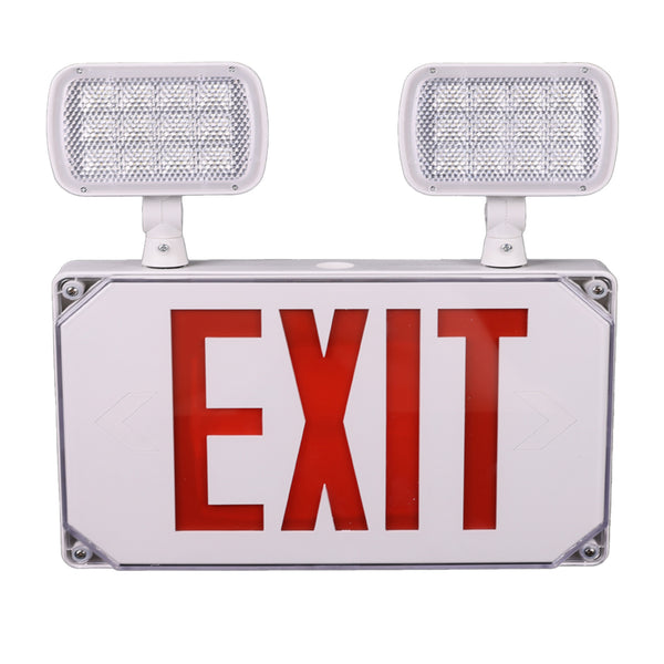 Wet Location LED Emergency Exit Sign Outdoor - Battery Backup with Adjustable Heads - Red Letters