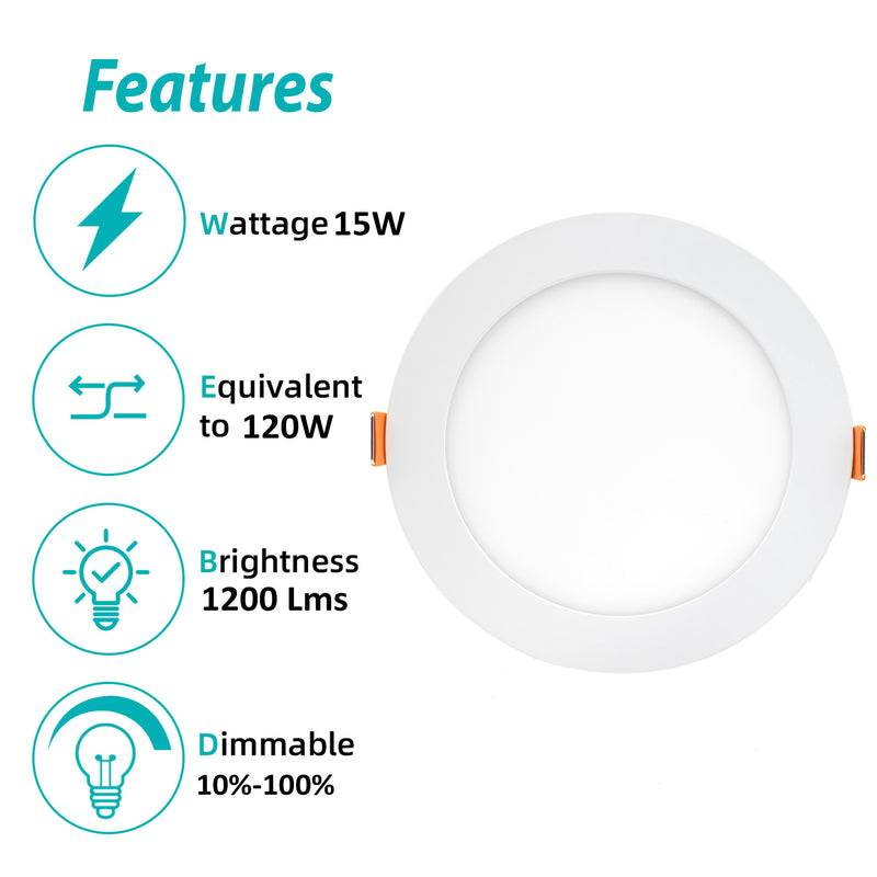 3BRIX 6 Inch 15W Slim Round Ultra Thin Recessed Downlight - 5CCT (27/30/35/40/50K)- 1200 lumens