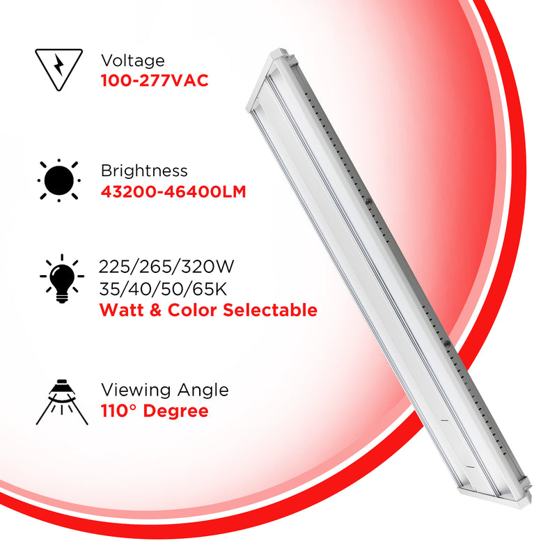 320W 4FT LED Linear High Bay 46400LMS Color & Watt Selectable (35/40/50/65K) - UL Listed