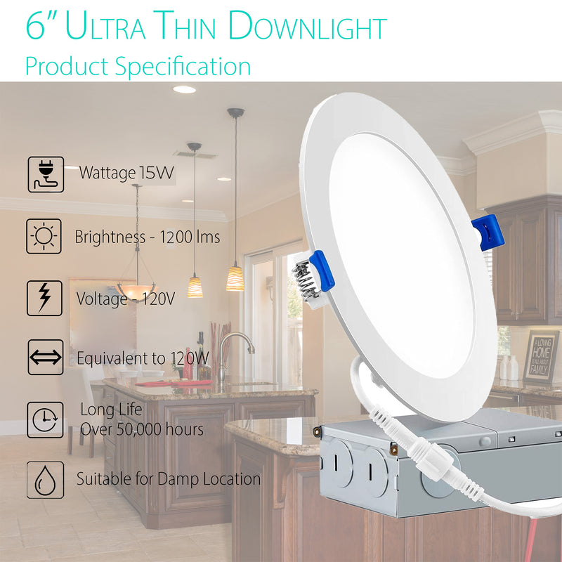 3BRIX 6 Inch 15W Slim Round Ultra Thin Recessed Downlight - 5CCT (27/30/35/40/50K)- 1200 lumens