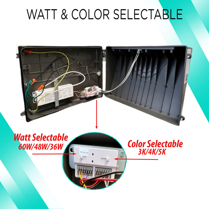 8700 Lumens Max - 60W Max - Watt and CCT Selectable (36/48/60W - 3K/4K/5K) - Full Cutoff LED Wall Pack IP65 UL-Listed