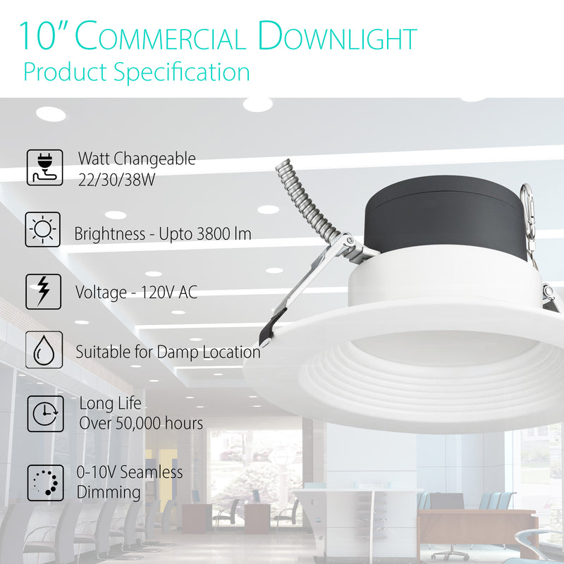 10 Inch Recessed LED Commercial Downlight with J-Box, Wattage Adjustable  22/29/37.5W,3 Color Selectable 3000K-5000K, 120-277V,0-10V Dimmable, IC