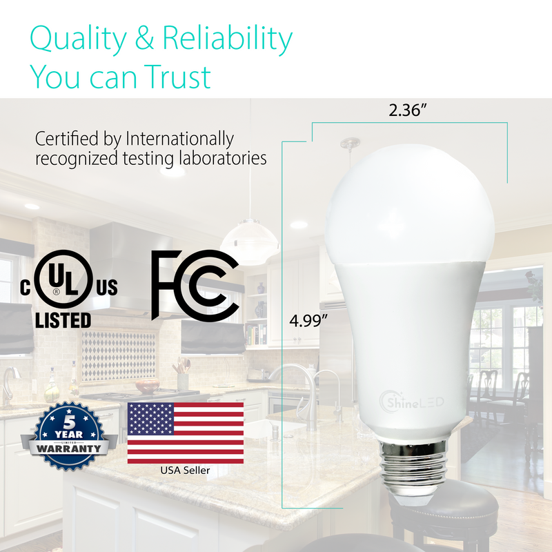 A19 15W LED Bulb - 1600 Lumens - 100W Equivalent Dimmable