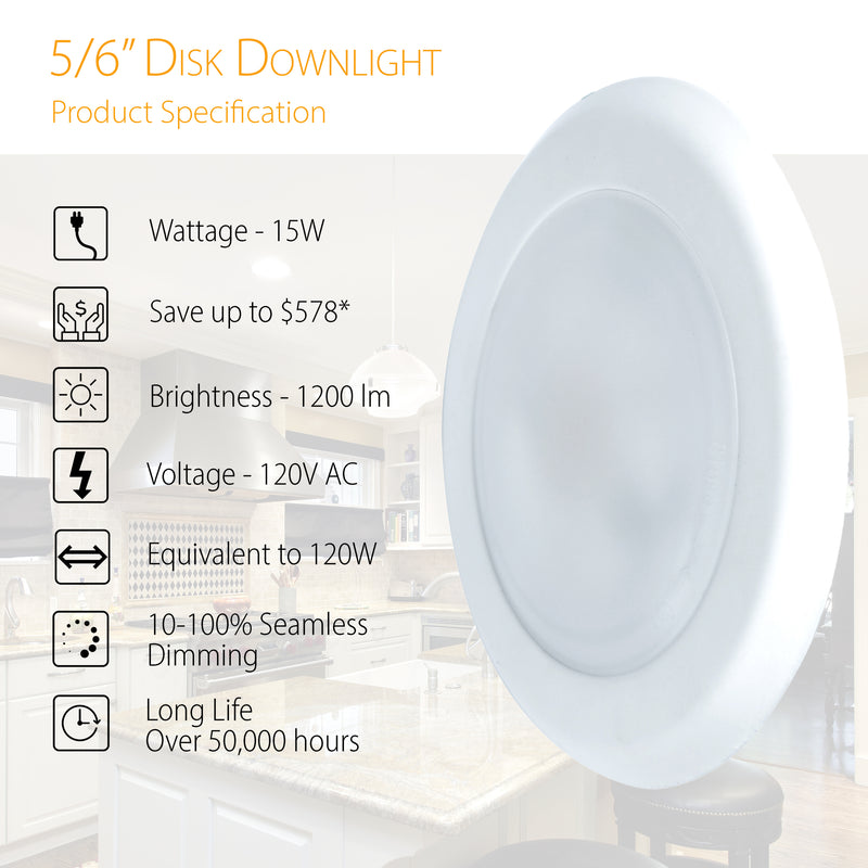 6" 15W Flush Mount Retrofit Disk Downlight - 1200 lumens