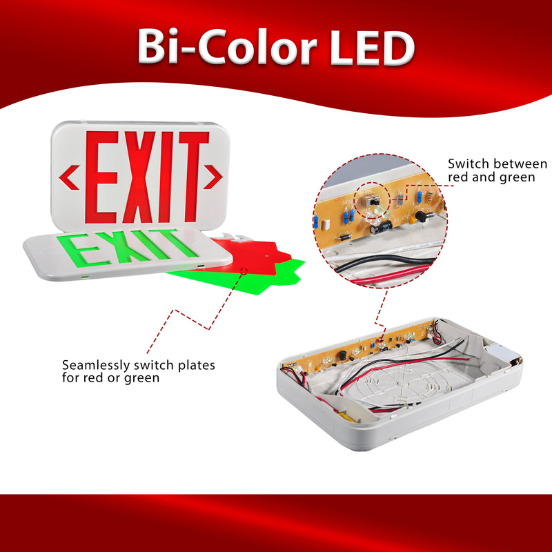 LED Exit Sign - Bi-Color Red/Green - 90+ Minute Emergency Operation