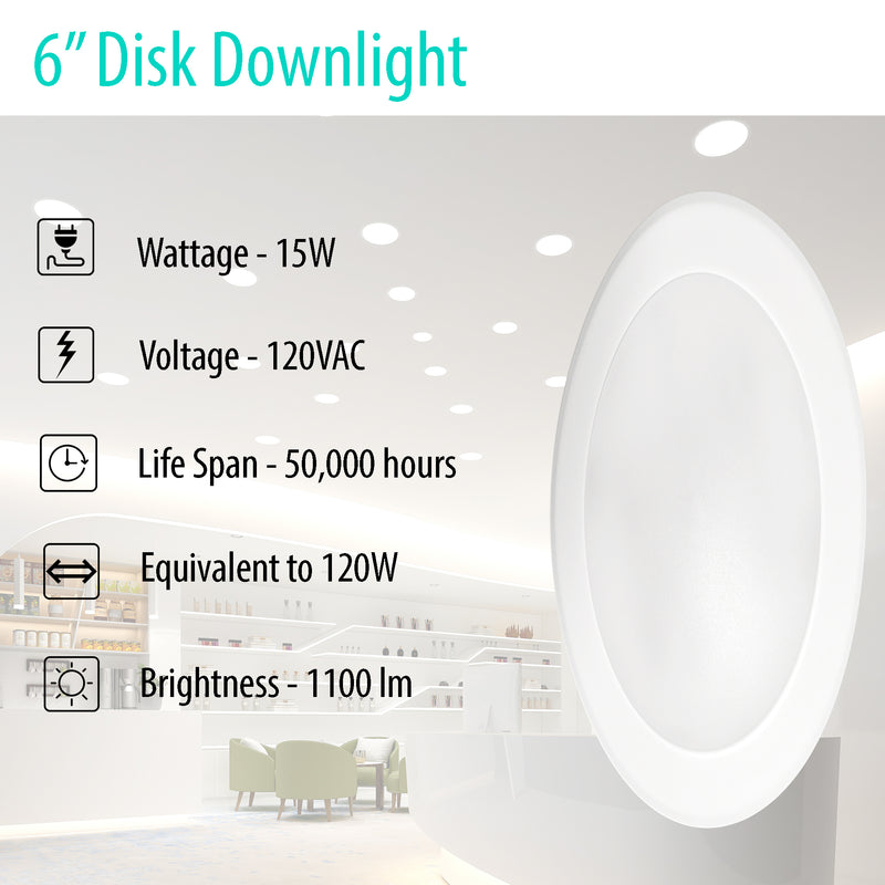 3BRIX 6" 15W Flush Mount Disk Downlight - 1100 lumens - ETL Listed